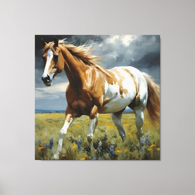 Toile Un magnifique cheval Pinto dans le pré (Recto)