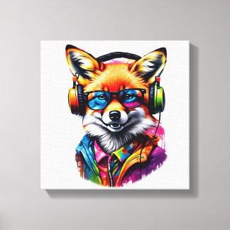 Toile Un renard dans les écouteurs et les lunettes
