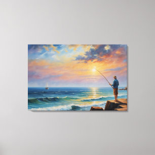 Toile un tableau d'un homme pêchant sur une plage rocheu
