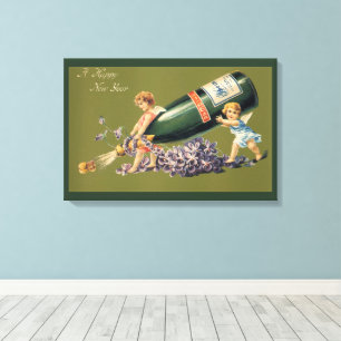 Toile Une Bonne Année, Anges Vintage avec Champagne