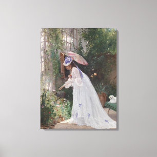 Toile Une dame dans un jardin qui soigne ses fleurs avec