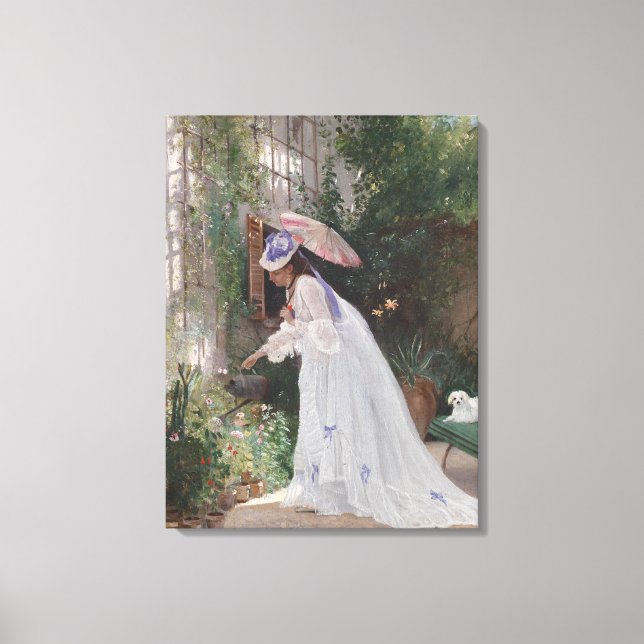 Toile Une dame dans un jardin qui soigne ses fleurs avec (Recto)