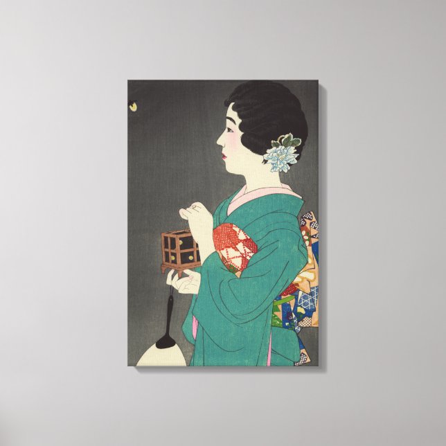 Toile Une dame japonaise tient une cage de luciole (Recto)