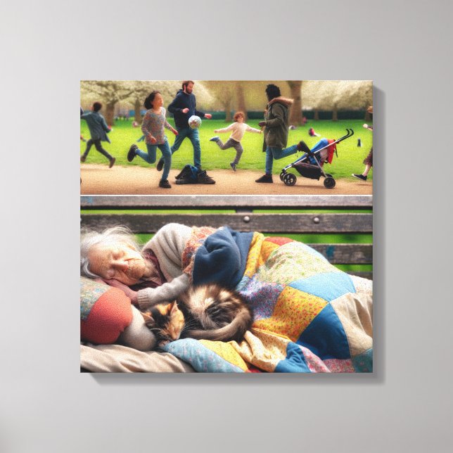 Toile Une dame sans-abri se couche sur un banc de parc (Recto)