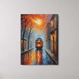 Toile une peinture d'un train dans une rue humide