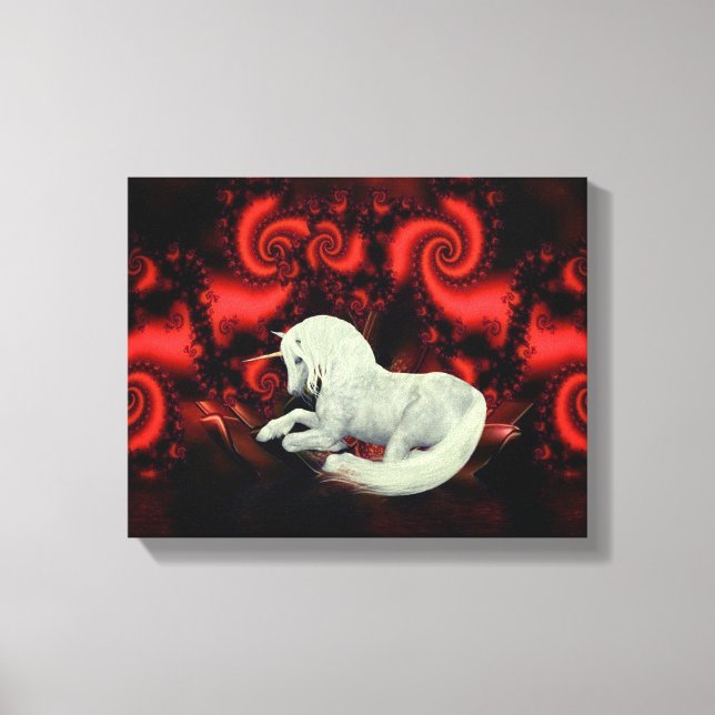 Toile Unicorne blanche Rouge Fractal Imaginaire Cheval A (Recto)