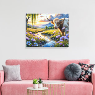 Toile Vache croisée Highland/Longhorn dans un paysage fl
