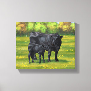 Toile Vache d'Angus noir et veau mou en pâturage d'été