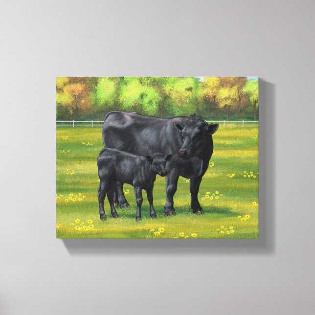 Toile Vache d'Angus noir et veau mou en pâturage d'été (Recto)