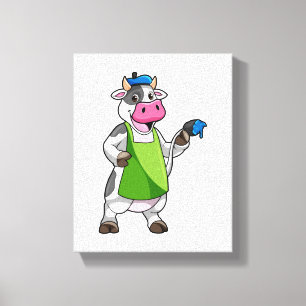 Toile Vache en peintre avec peinture et tablier