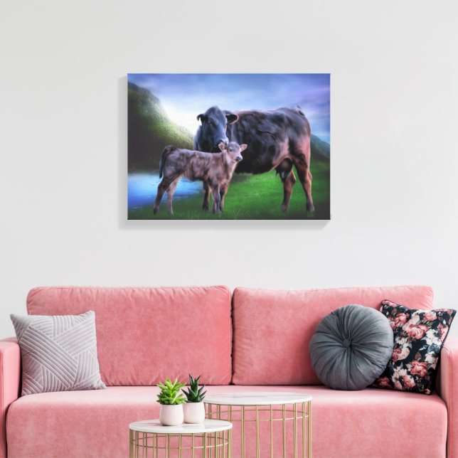 Toile Vache et veau au bord d'un lac tranquille à Rollin (Insitu(Salon))