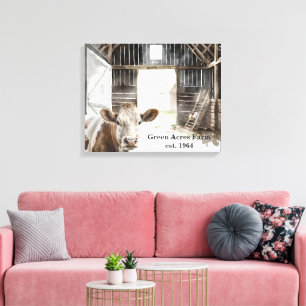Toile Vache Hereford et coq en Grange