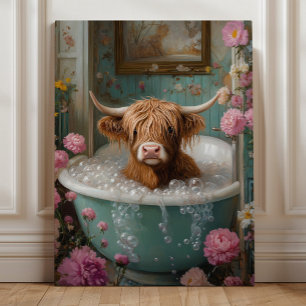 Toile Vache Highland dans l'art de la baignoire Florale