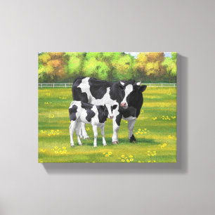 Toile Vache Holstein et veau mignon en pâturage d'été