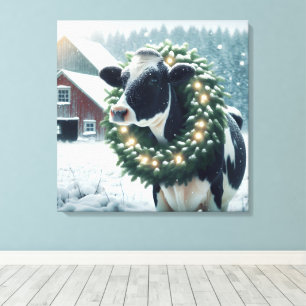 Toile Vache Holstein portant une couronne de Noël