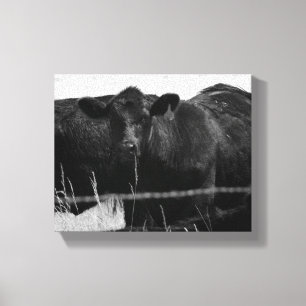 Toile Vaches noires et blanches derrière la clôture en f