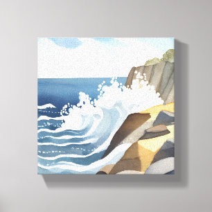 Toile Vagues déferlantes Rivage côtier rocheux Aquarel