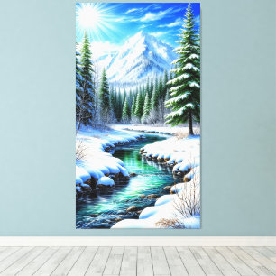 Toile Vallée alpine enneigée avec rivière ensoleillée