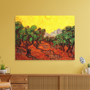 Toile Van Gogh Oliviers avec ciel jaune et soleil