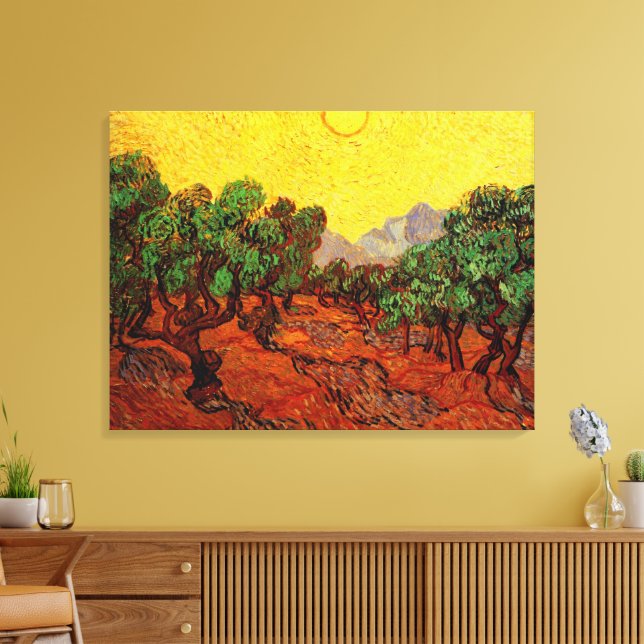 Toile Van Gogh Oliviers avec ciel jaune et soleil (Insitu(Salon))