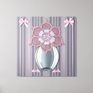 Toile Vase à fleurs en dentelle et ruban rose pastel