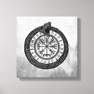 Toile Vegvisir avec Ouroboros et runes - gamme de gris