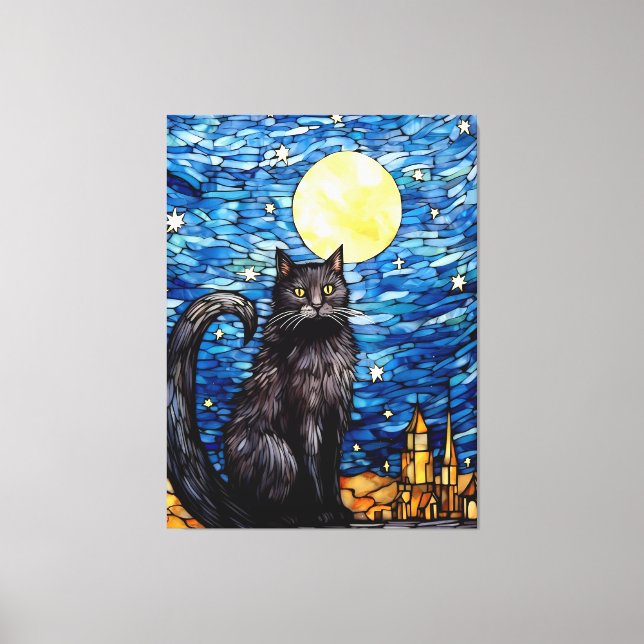Toile Verre tendu Chat noir Starry nuit (Recto)
