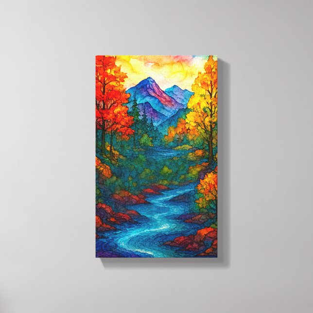 Toile Vibrant Alcohol Ink Mountain river and trees  (Recto)