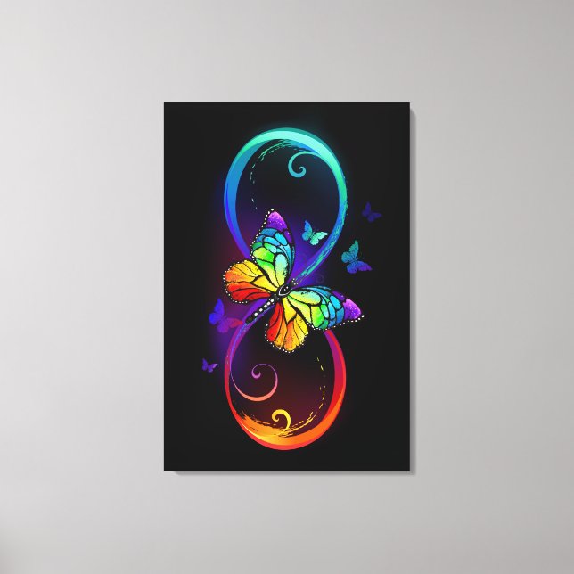 Toile Vibrant infinity with rainbow butterfly on black (Recto)