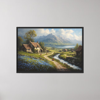 Toile Village au bord d'une rivière avec des montagnes e