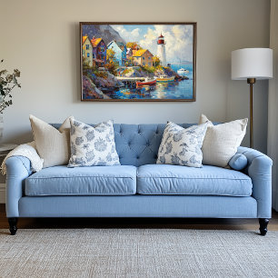 Toile Village balnéaire avec maisons colorées et phare