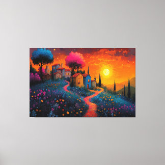 Toile Village de coucher de soleil enchanté