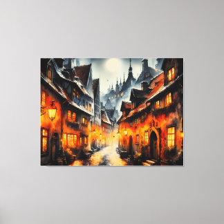 Toile Village d'Hiver Coquet sous la Lune - Rue Chaude à