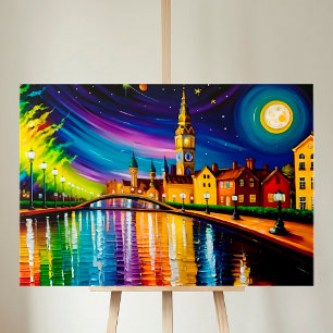 Toile Ville Rivière Eau du soir Colorful Moon Stars