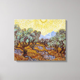 Toile Vincent van Gogh - Oliviers, ciel jaune et soleil