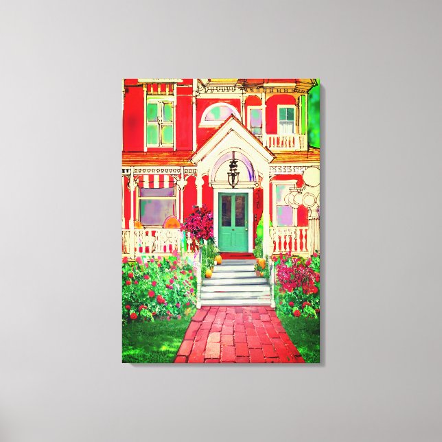 Toile Vintae Red Victorian House Trees Flowers (Recto)