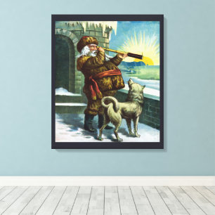 Toile Vintage Noël Santa Claus Telescope Chien Sunset