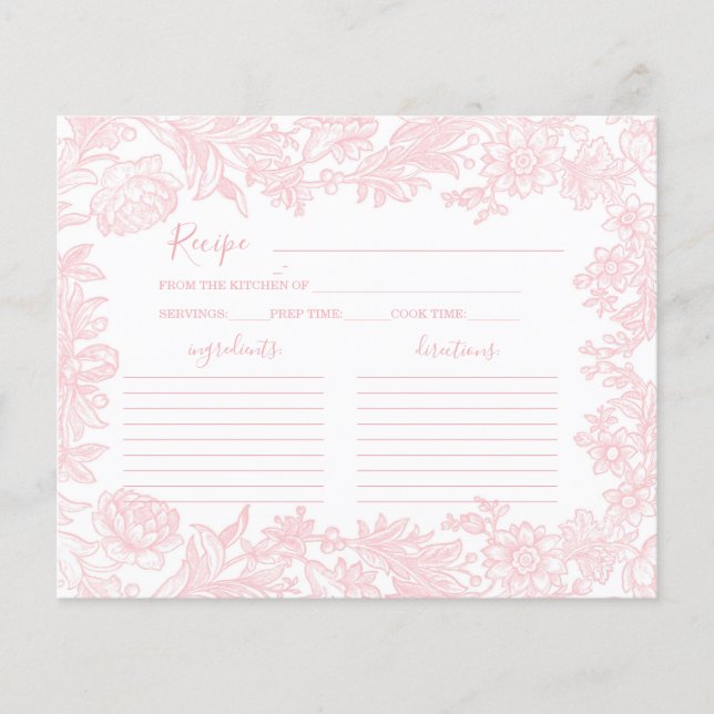 Toile vintage pink Bridal Shower Recipe Card (Front)