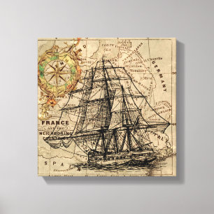 Toile Vintage Sailing Ship and Old European Map
