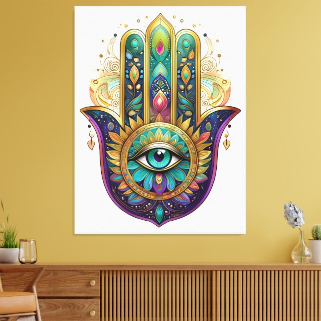 Toile Violet Green Gold Petals Hamsa Turquoise Third Eye (Insitu(Salon))