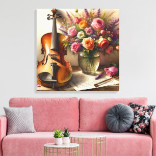 Toile Violon, Partition et un Vase de Fleurs