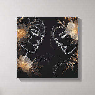 Toile Visages Féminins Entrelacés avec Fleurs Dorées