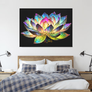 Toile Vitrail Fleur de Lotus Colorée sur Fond Noir