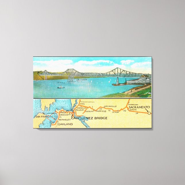 Toile Vue aérienne du pont Carquinez et de la carte (Recto)
