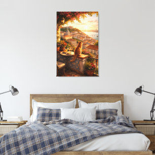 Toile Vue du coucher de soleil à Lisbonne avec chat
