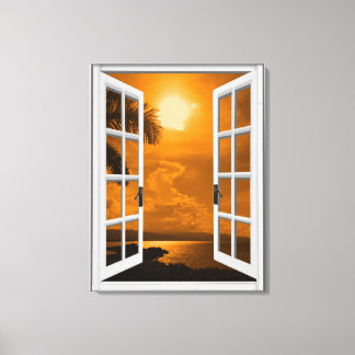 Toile Vue Tropicale Coucher de soleil Fenêtre artificiel