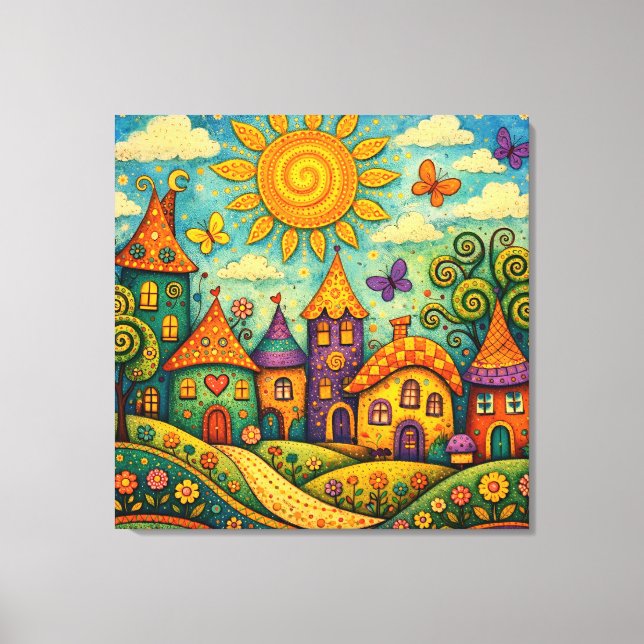 Toile Whimsical Fairy Tale Village Colorful Canvas Art (Recto)