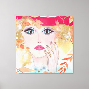 Toile Whimsical Girl in Casquette Face Feuilles