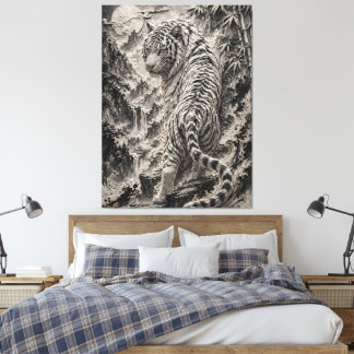 Toile White Tiger Engraved Ink Style - Oriental Guardian