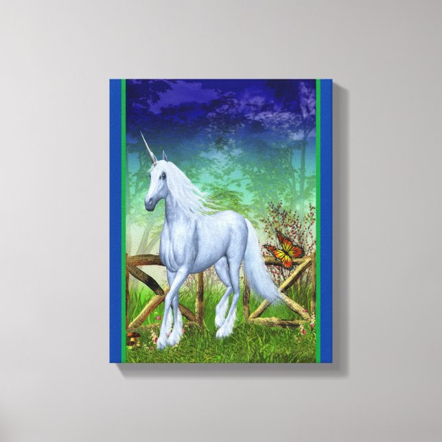 Toile White Unicorn Woodland Gate Imaginaire Cheval Art (Recto)